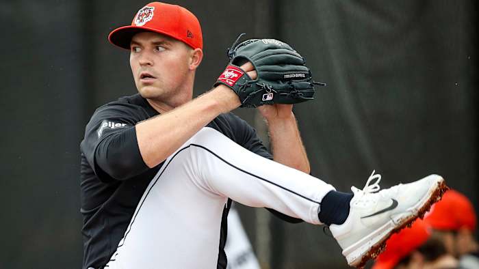 Detroit Tigers pitcher Tarik Skubal throws during spring training.